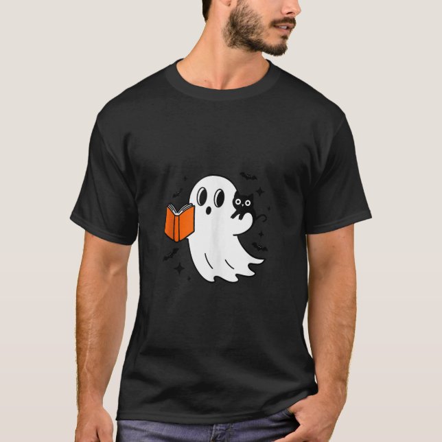 Camiseta Fantasma Bonita do Halloween Lendo um Livro com Ga (Frente)