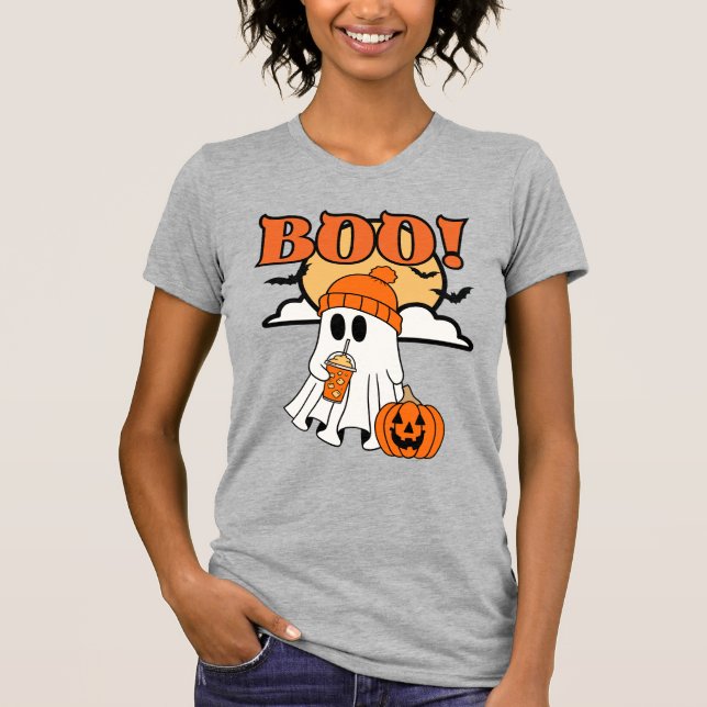 Camiseta Fantasma Bonita do Halloween Sipando em uma Latte  (Frente)