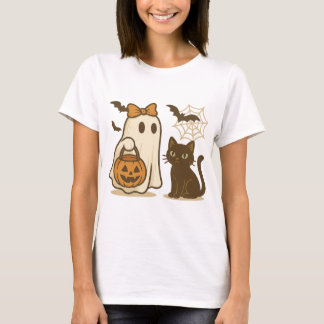 Camiseta Fantasma Bonito com Arco e Gato Negro - Kawaii Spo