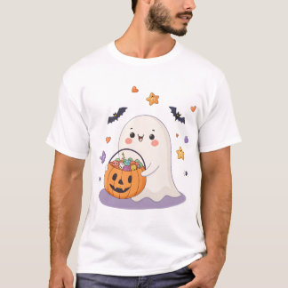 Camiseta Fantasma Bonito com Balde de Doces Trick-or-Tratat