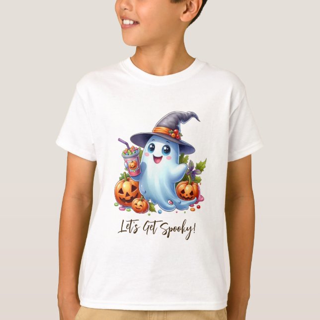 Camiseta Fantasma Bonito com bebidas assustadoras, Hallowee (Frente)