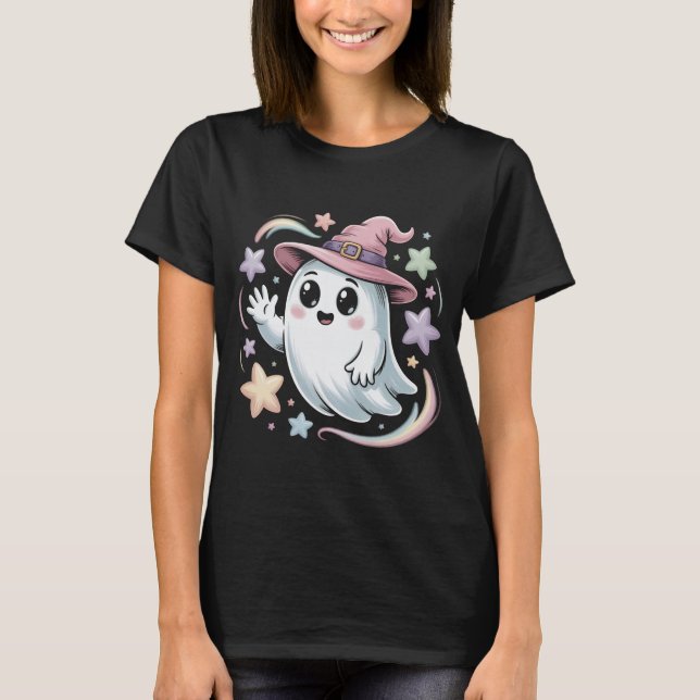 Camiseta Fantasma bonito com chapéu de bruxa rosa com estre (Frente)