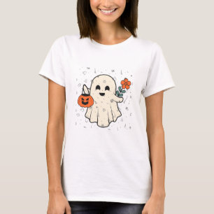 Camiseta Fantasma Bonito com Flor e Abóbora no Halloween