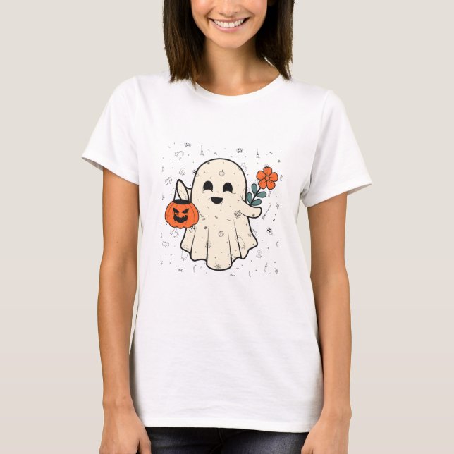 Camiseta Fantasma Bonito com Flor e Abóbora no Halloween (Frente)