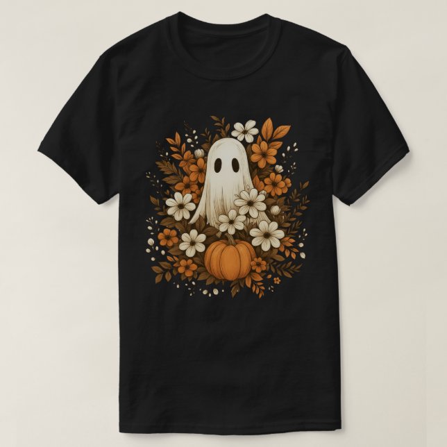 Camiseta Fantasma Bonito Com Pumpkin E Flores De Queda - Ha (Frente do Design)
