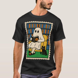 Camiseta Fantasma Bonito Lendo na Biblioteca com Gato Preto