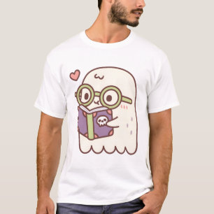 Camiseta Fantasma Bonito Lendo Um Livro Com Um Crânio