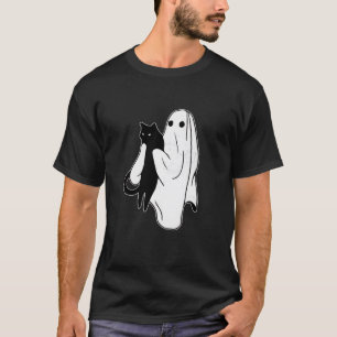 Camiseta Fantasma Bonito Segurando Black Cat Halloween Figu