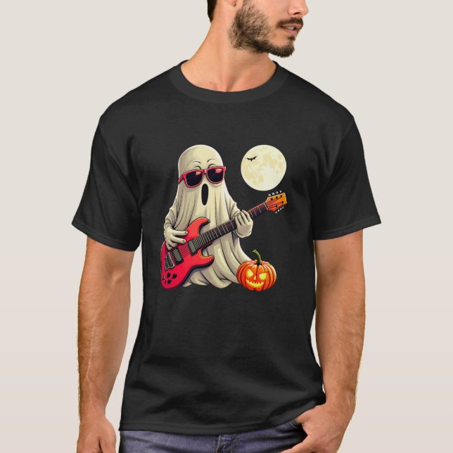Camiseta Fantasma Bonito Tocando Violão de Halloween Pumpki (Frente)