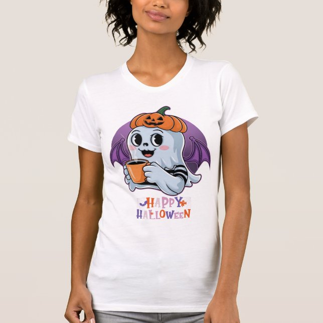 Camiseta Fantasma Branca e Rosa com Arco de Pastel e H (Frente)