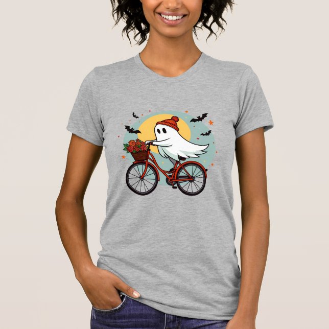 Camiseta Fantasma charmoso na Design de Halloween de Bicicl (Frente)