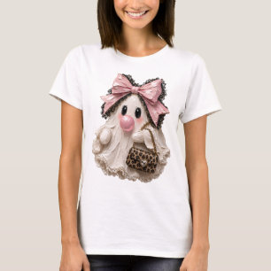 Camiseta Fantasma Chiclete Fofo Halloween Laço Rosa