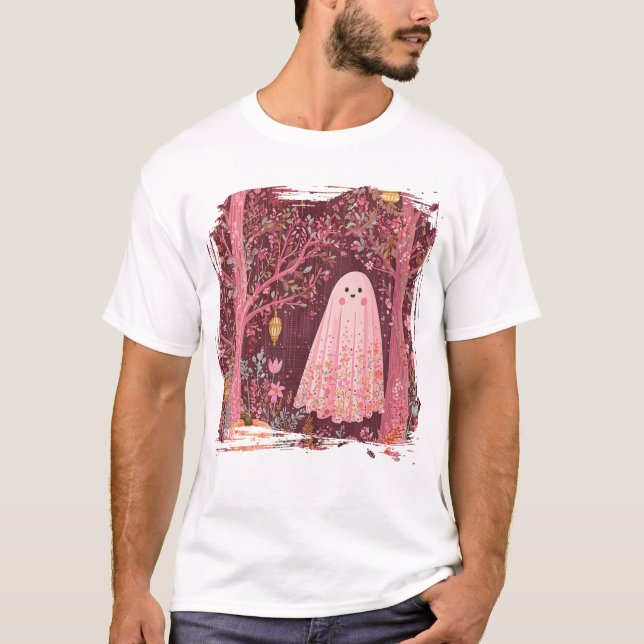 Camiseta Fantasma Cinza-Branca em Floresta Floral Encantada (Frente)