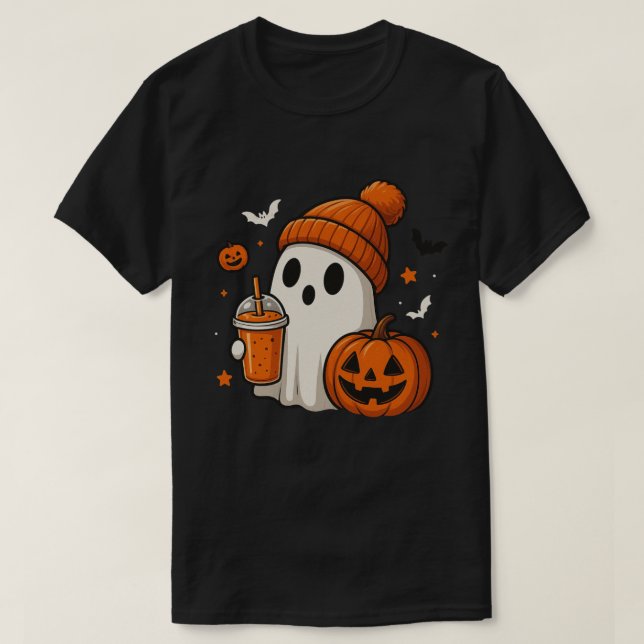 Camiseta Fantasma com Design de Bebida de Abóbora e Especia (Frente do Design)