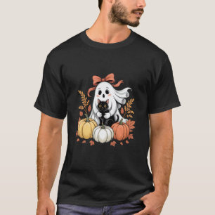 Camiseta Fantasma com Laço Segurando Abóboras de Gato Preto