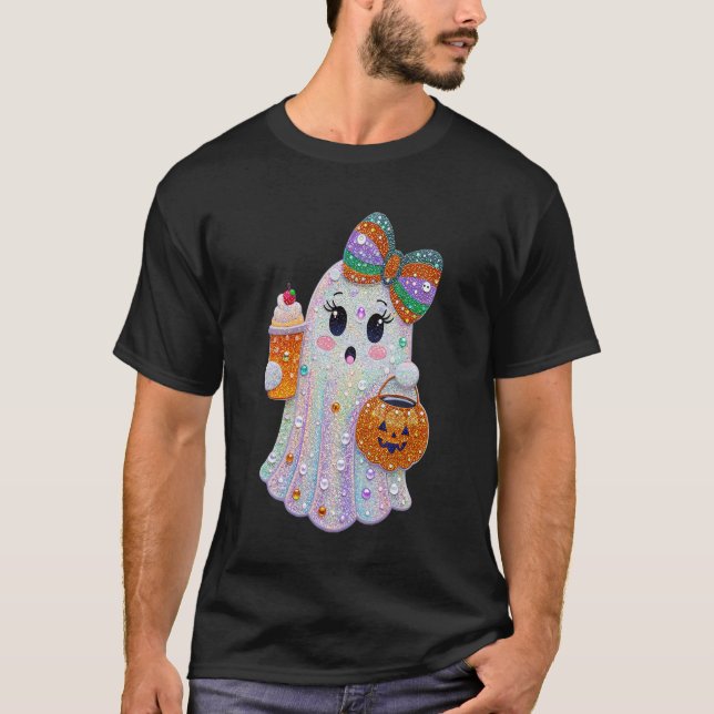 Camiseta Fantasma com Rhinestones de Halloween na Moda (Frente)