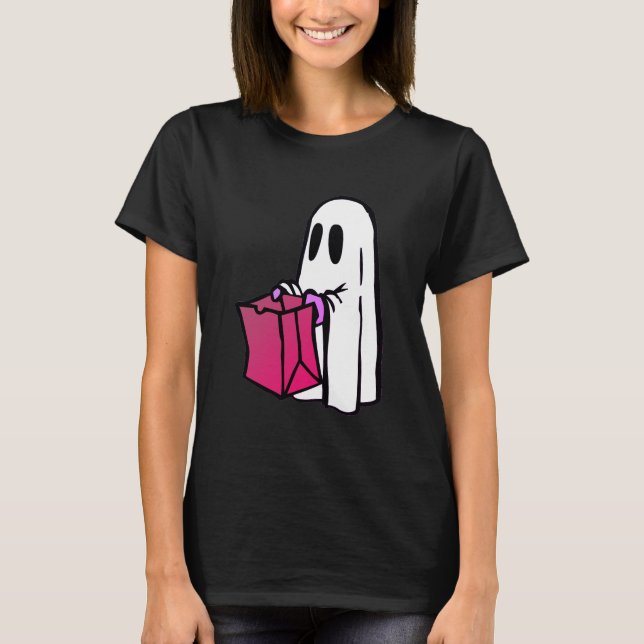 Camiseta Fantasma com Truque ou Tratamento de Bag Rosa (Frente)