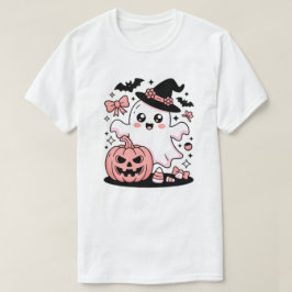 Camiseta Fantasma das Bruxas Rosa Kawaii com Abóbora e Arco