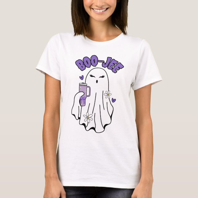 Camiseta Fantasma de Boo-Jee Cute Halloween com 40oz Tumble (Frente)