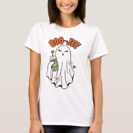 Camiseta Fantasma de Boo-Jee Halloween com café gelado na m
