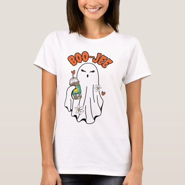 Camiseta Fantasma de Boo-Jee Halloween com café gelado na m (Frente)