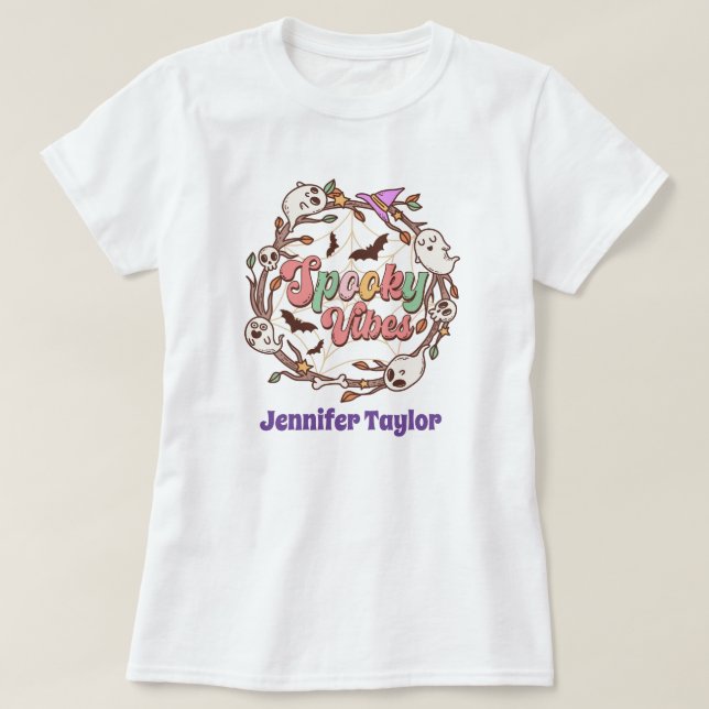 Camiseta Fantasma de Groovy, vibrações assustadoras, hallow (Frente do Design)