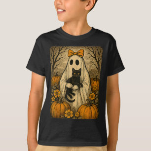 Camiseta Fantasma de Halloween Antigo Segurando Gatinho Pre