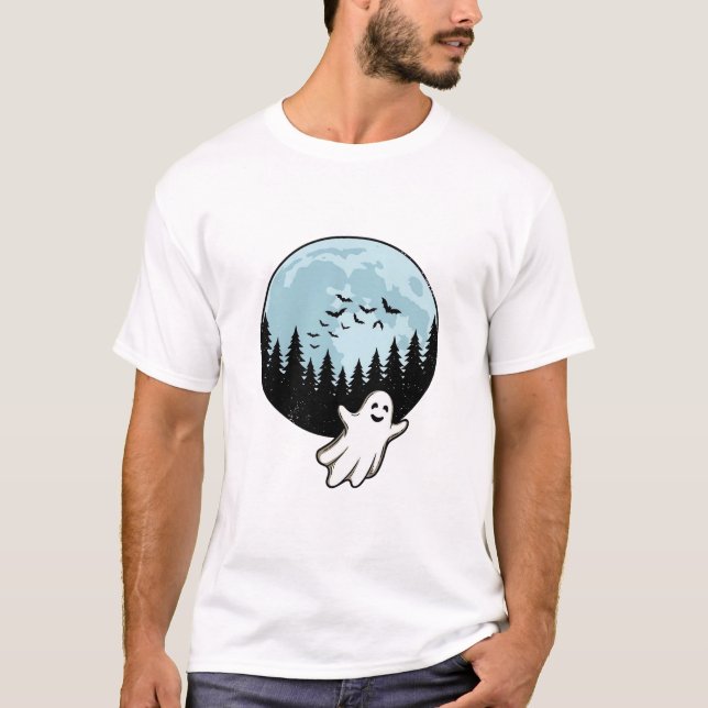 Camiseta Fantasma de Halloween Floresta Assustadora Lua Vin (Frente)
