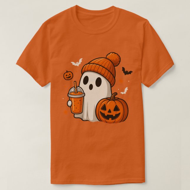 Camiseta Fantasma de Halloween Fofo com Abóbora e Bebida  (Frente do Design)