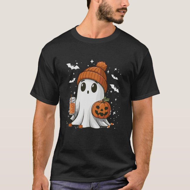 Camiseta Fantasma de Halloween Fofo com Bebida de Tempero d (Frente)