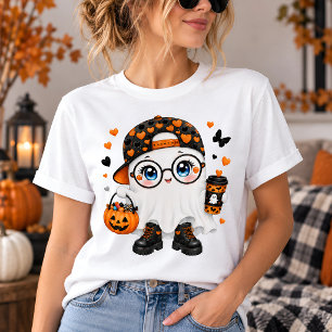 Camiseta Fantasma de Halloween Fofo com Café e Abóbora