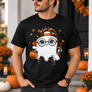 Camiseta Fantasma de Halloween Fofo com Café e Abóbora