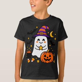 Camiseta Fantasma de Halloween Fofo com Chapéu de Bruxa, Ab