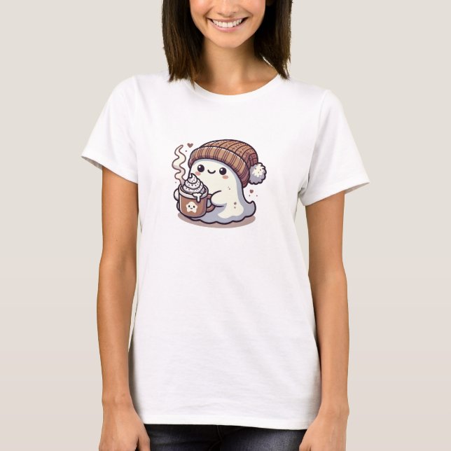 Camiseta Fantasma de Halloween Fofo com Touca de Outono e C (Frente)