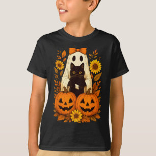 Camiseta Fantasma de Halloween Fofo Vintage Segurando Gato