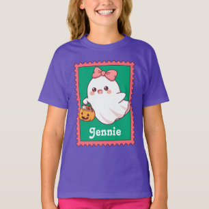 Camiseta Fantasma de Halloween Laço Coquete Fofo Nome Perso