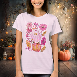 Camiseta Fantasma de Halloween Rosa Pastel com Flores e Abó