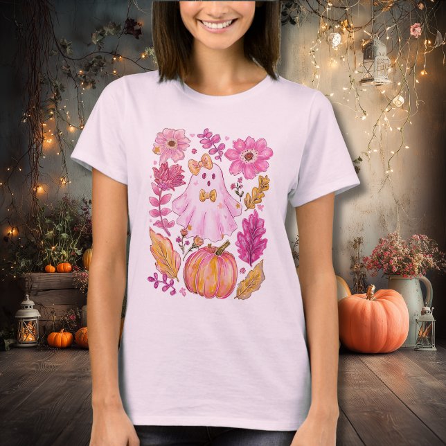 Camiseta Fantasma de Halloween Rosa Pastel com Flores e Abó (Criador carregado)