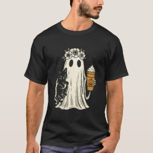 Camiseta Fantasma de Halloween segurando gato preto com sor