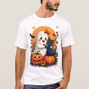 Camiseta Fantasma de Halloween Vintage Segurando Gato Preto