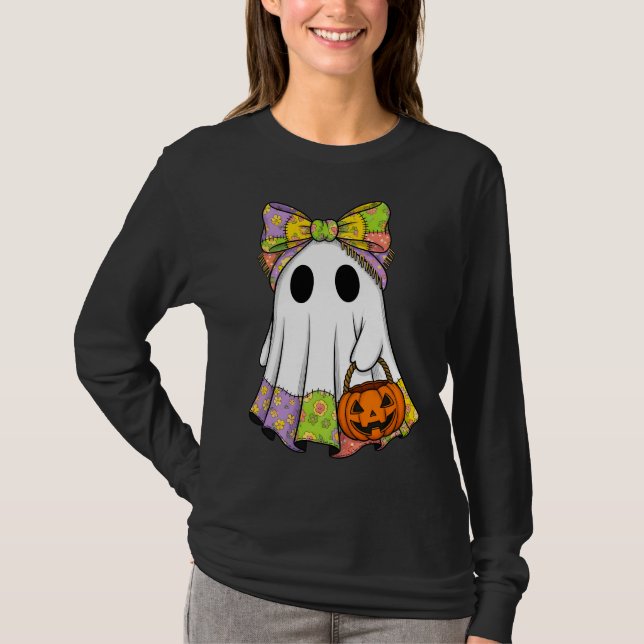 Camiseta Fantasma de Patchwork Bonito com Pumpkin Basket (Frente)