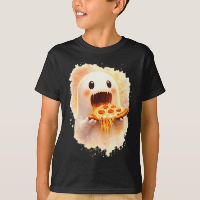 Camiseta Fantasma de Pizza Fofo Comendo Pizza Comida Divert (Frente)