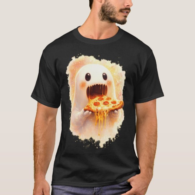 Camiseta Fantasma de Pizza Fofo Comendo Pizza Funny Hallowe (Frente)