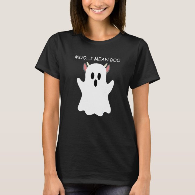 Camiseta Fantasma de Vaca Moo Quer Dizer Boo Abóbora Lua Ha (Frente)