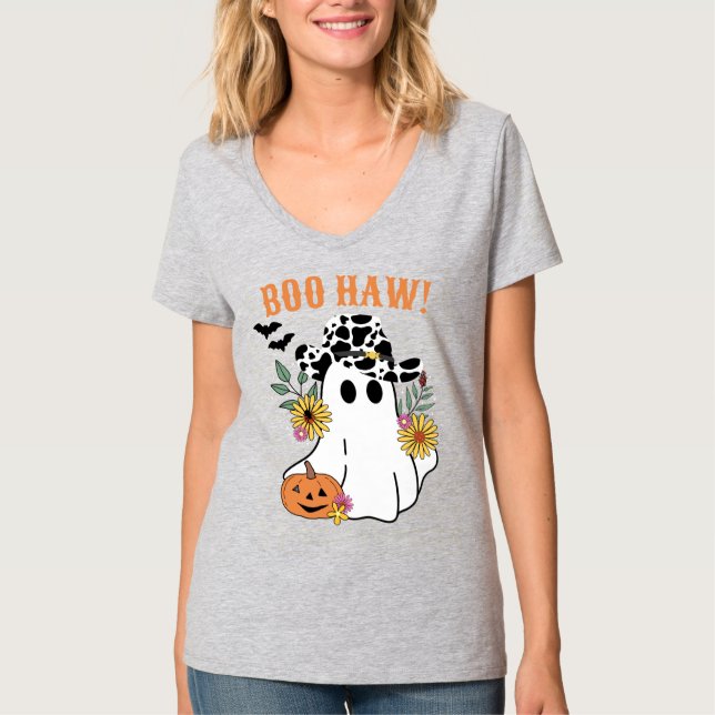 Camiseta Fantasma do Boo Haw no oeste do Halloween boho cow (Frente)