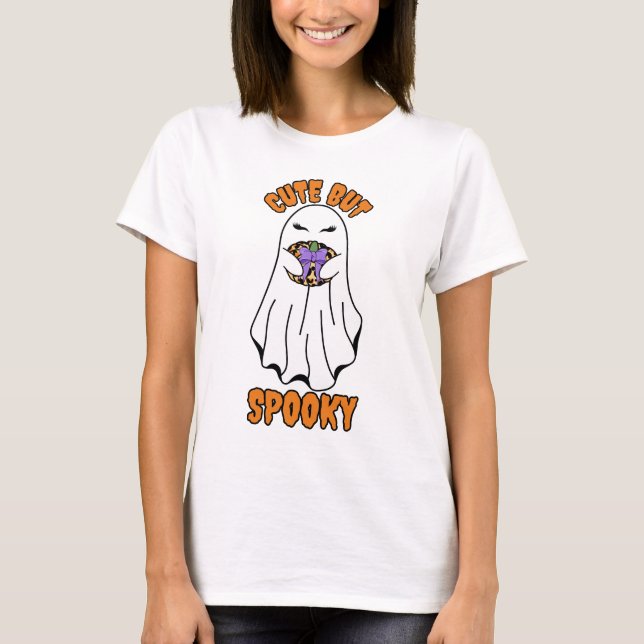 Camiseta Fantasma do Halloween bonito mas assustador segura (Frente)