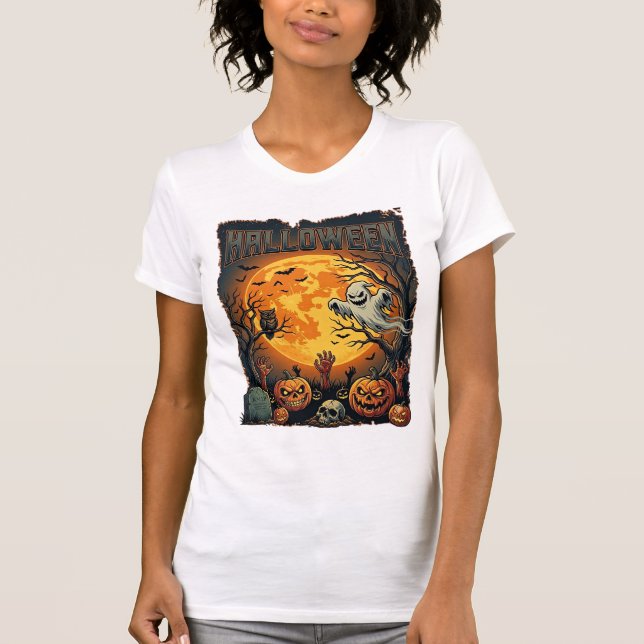 Camiseta Fantasma do Halloween Lua Cheia Lanternas de Jack  (Frente)