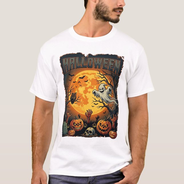 Camiseta Fantasma do Halloween Lua Cheia Lanternas de Jack  (Frente)