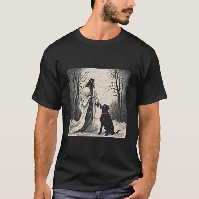 Camiseta Fantasma e cão negro halloween 2024 (Frente)