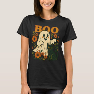 Camiseta Fantasma e Gato Preto do Halloween Vintage Boo F